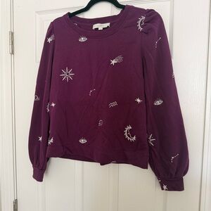 LOFT Celestial Embroidered Sweatshirt Burgundy Puff Sleeve Size Small